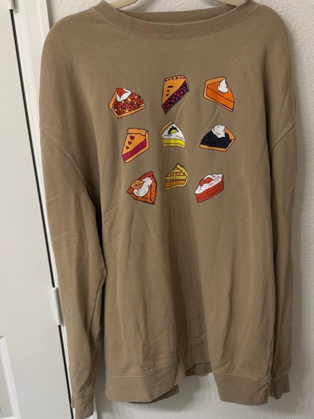 Living Fully Co. Thanksgiving tan crewneck sweatshirt with pie slice graphic